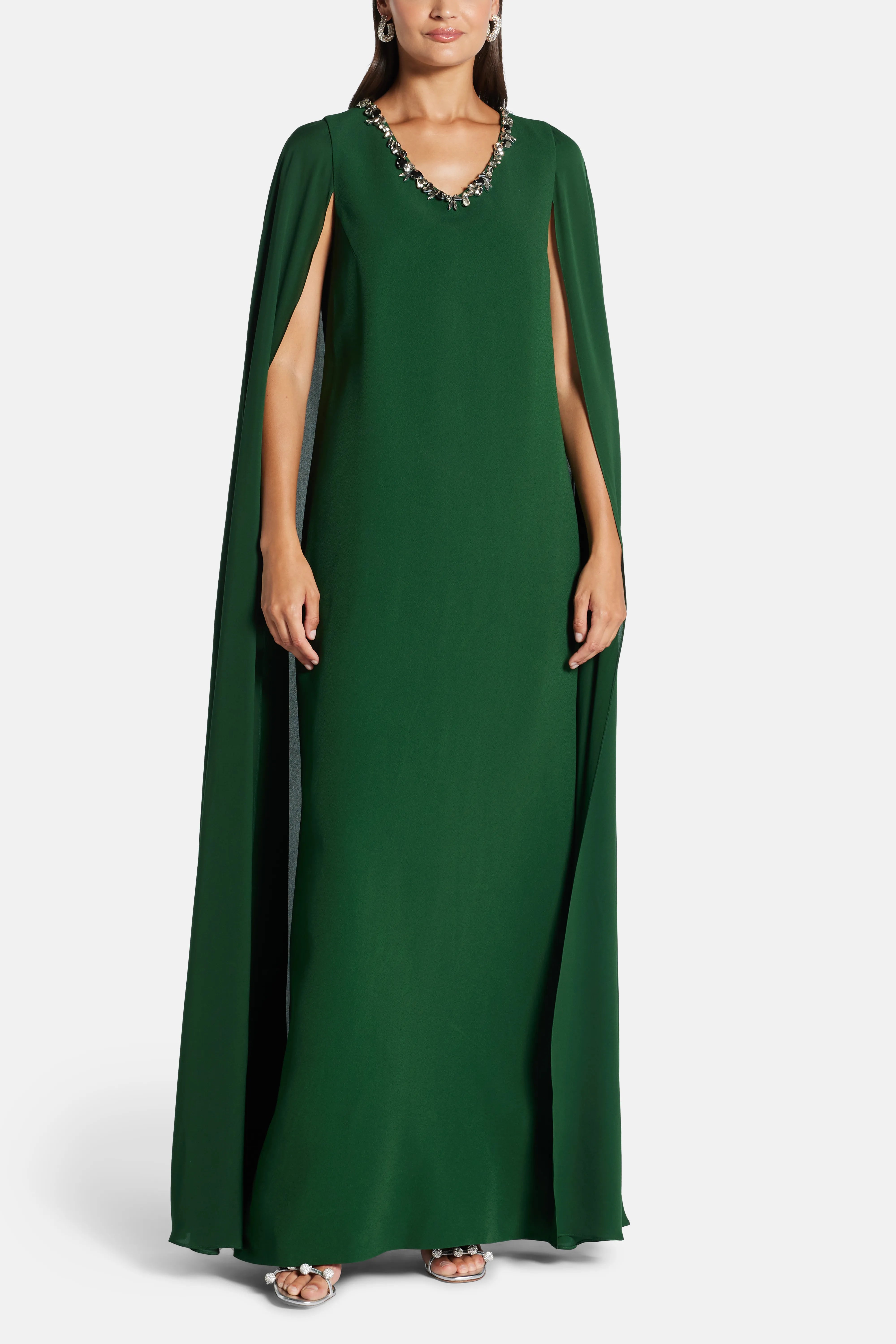 Embellished Neck With Cape Sleeves Evening Gown in Green
