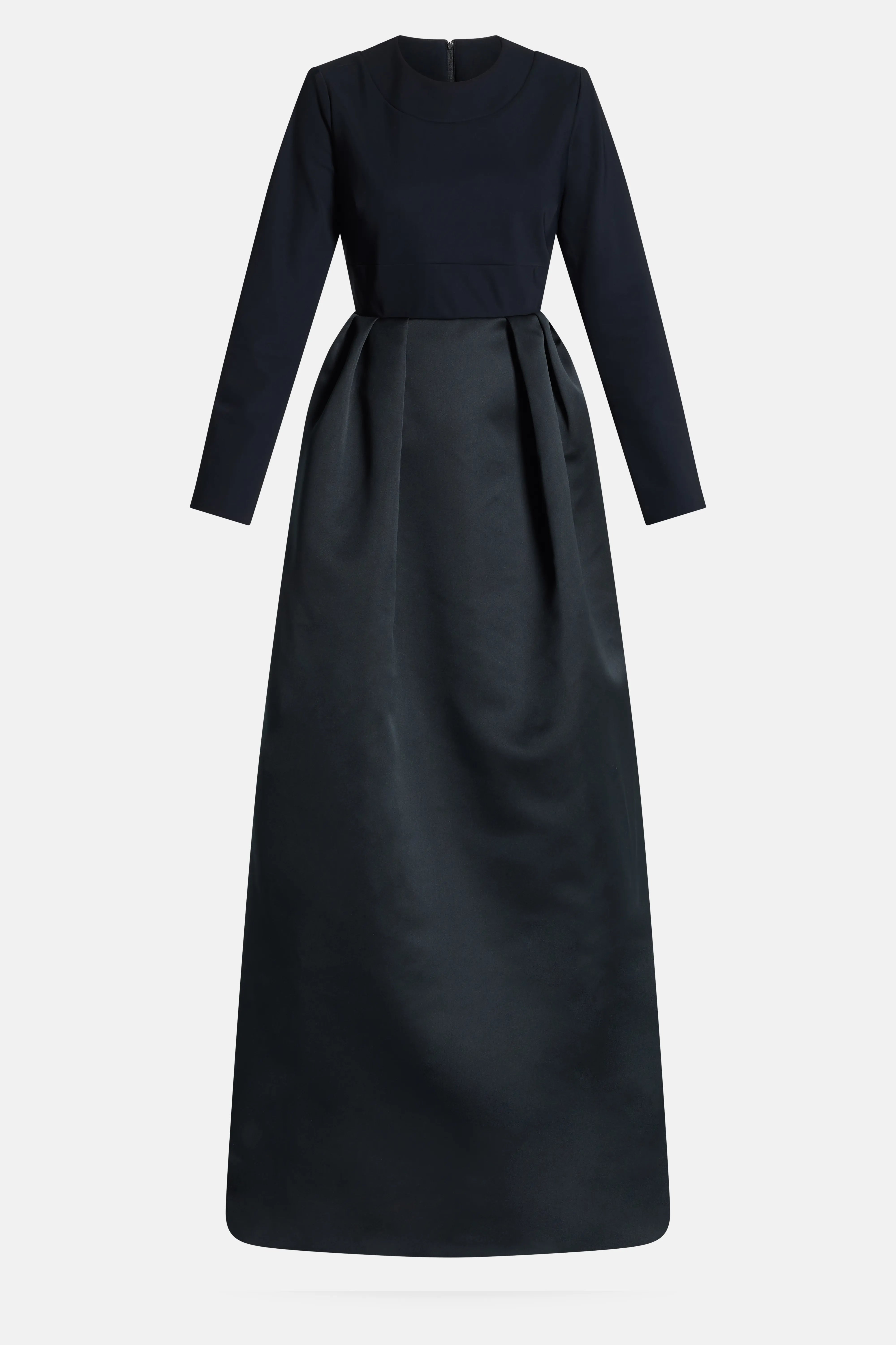 Box Pleats Long Sleeves Round Neck Evening Dress in Black
