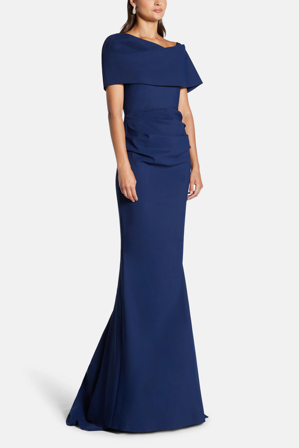 Across The Shoulder Evening Gown With Train in Blue