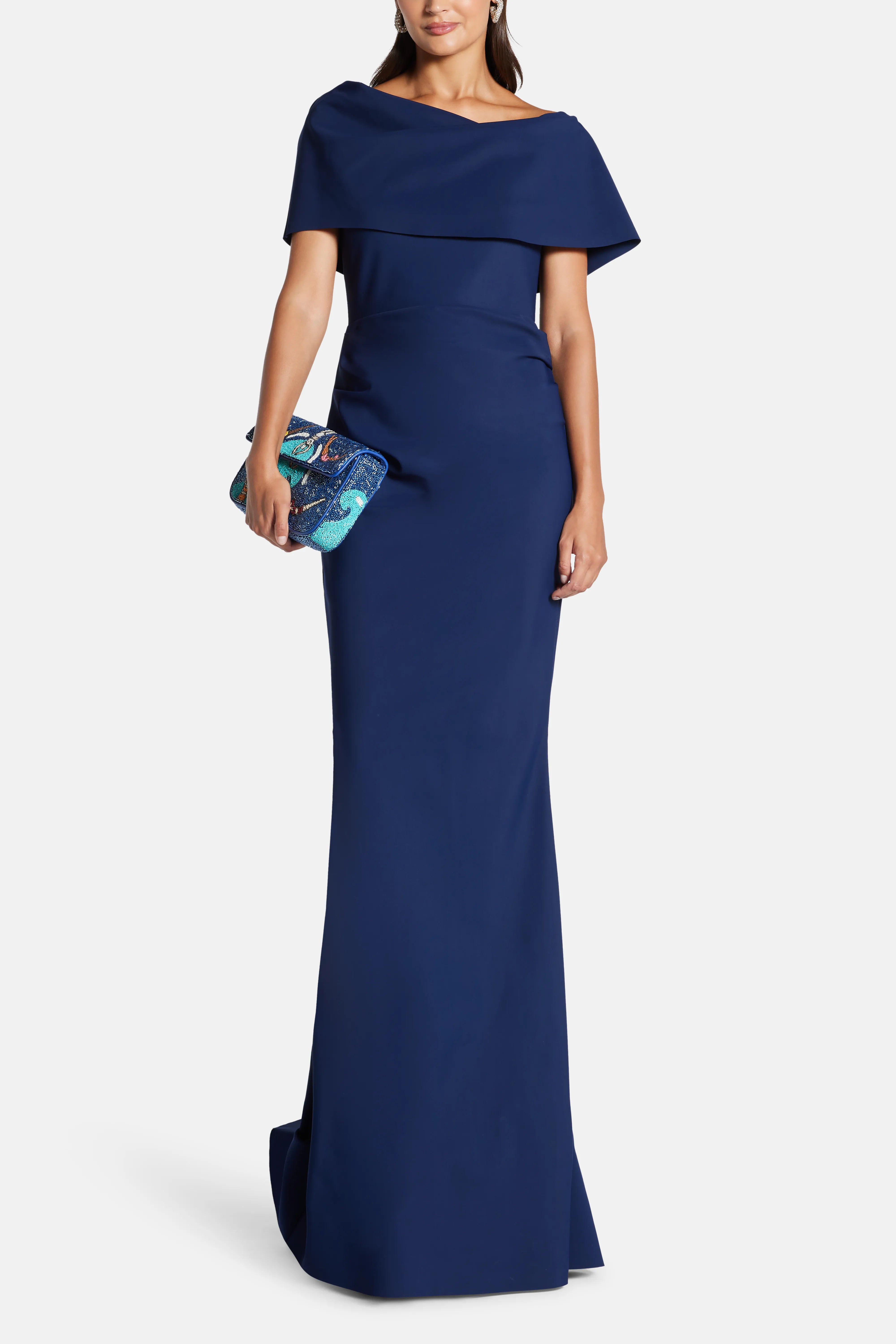 Across The Shoulder Evening Gown With Train in Blue