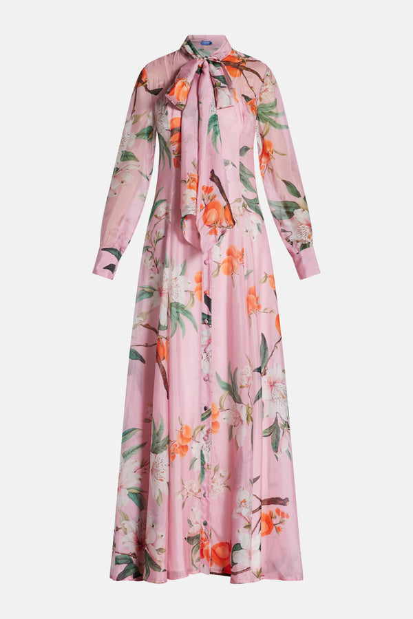 Lilith Tie Neck Floral Slik Maxi Dress In Pink