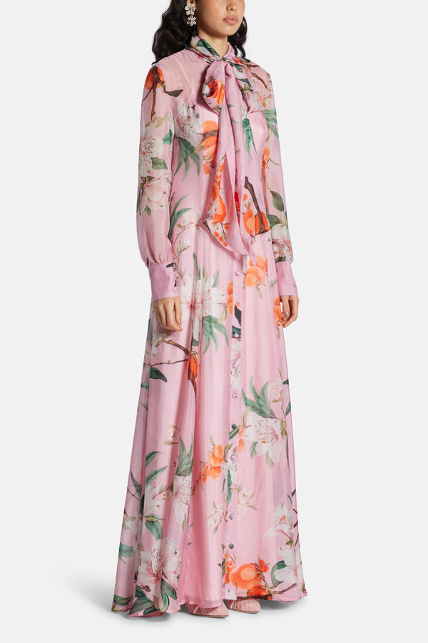 Lilith Tie Neck Floral Slik Maxi Dress In Pink