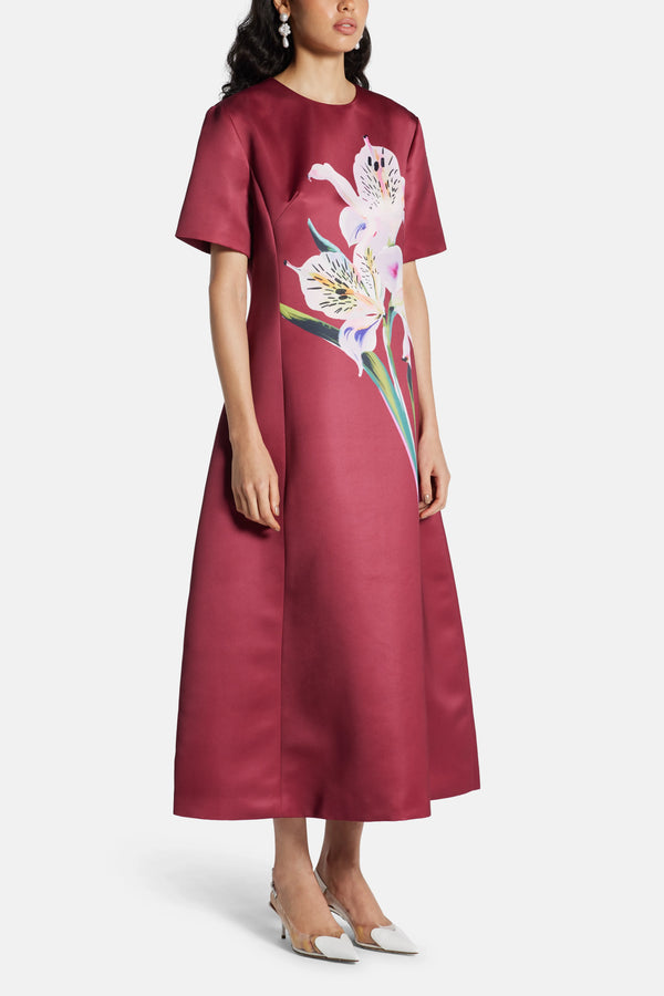 Caroline Short Sleeve Floral Applique Midi Dress In Burgundy