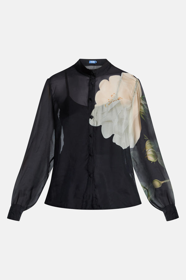 Alma Floral Sheer Silk Blouse In Black