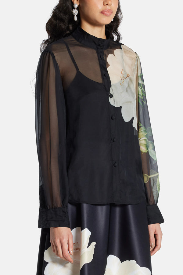 Alma Floral Sheer Silk Blouse In Black