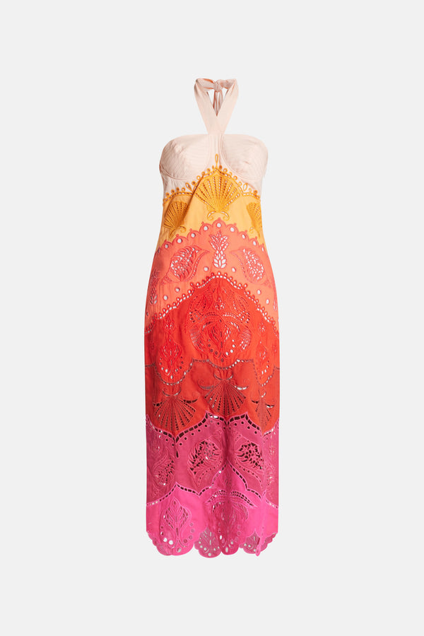 Summer Gradient Richelieu Ombre Halter Neck Linen Midi Dress In Orange