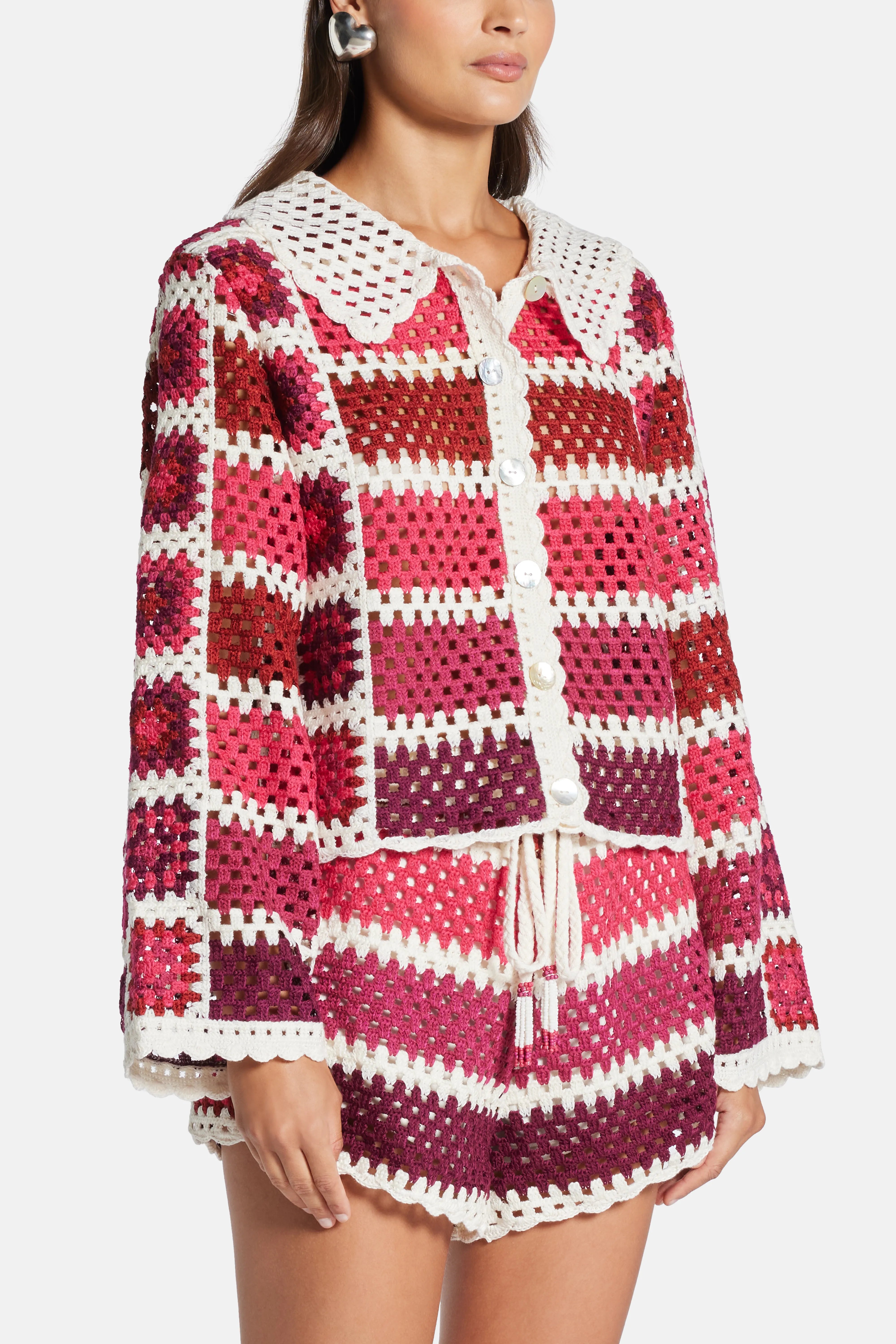 Crochet Tiles Knit Shirt In Red