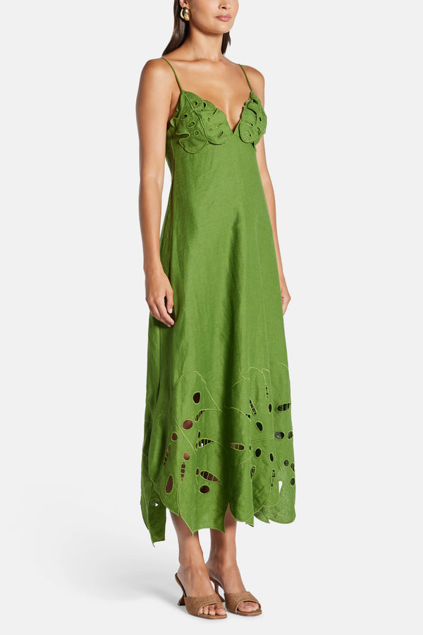 Monstera Embroidery Sleeveless Linen Midi Dress In Green