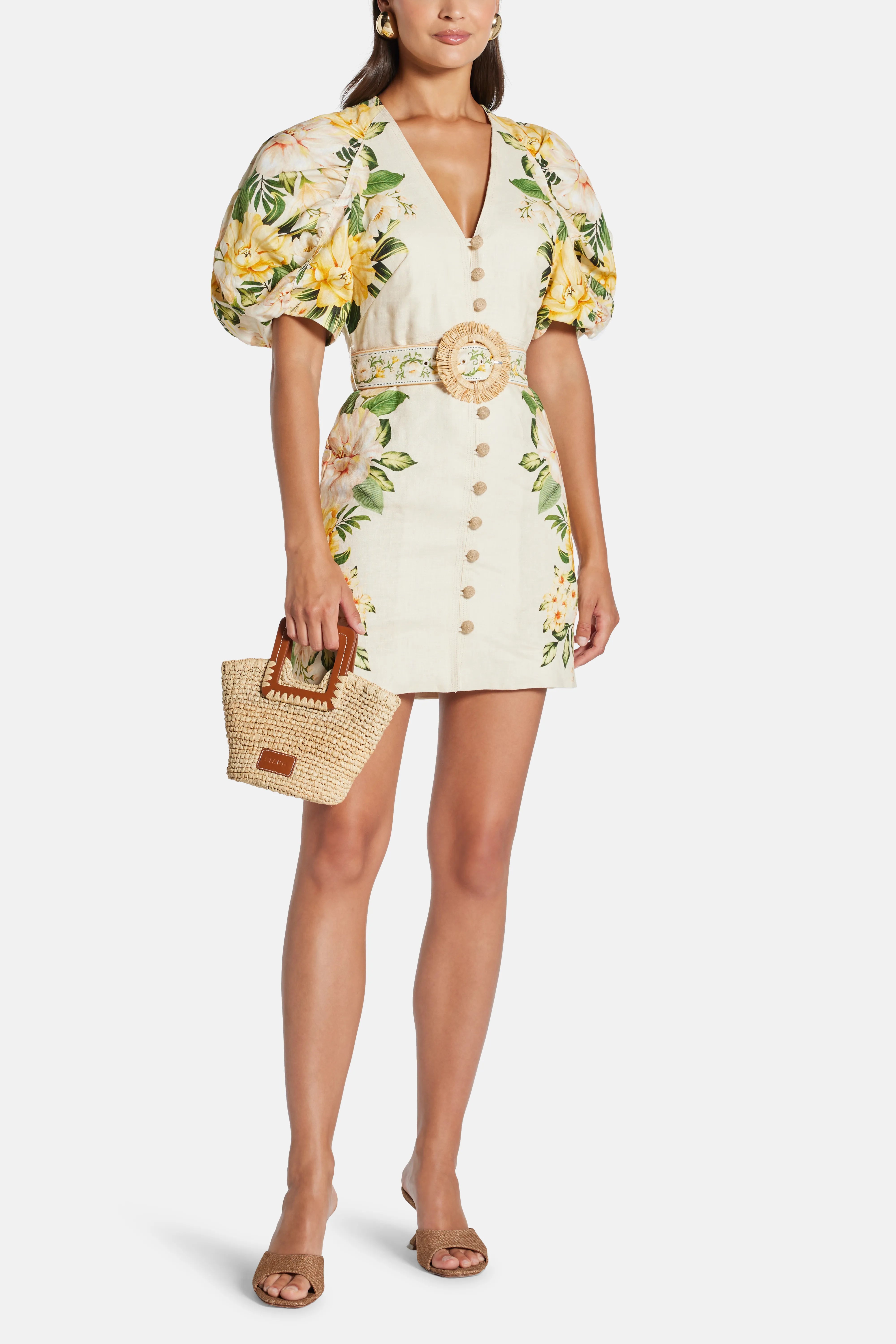 Garden Cascade Floral Puff Sleeves Belted Linen Mini Dress In White