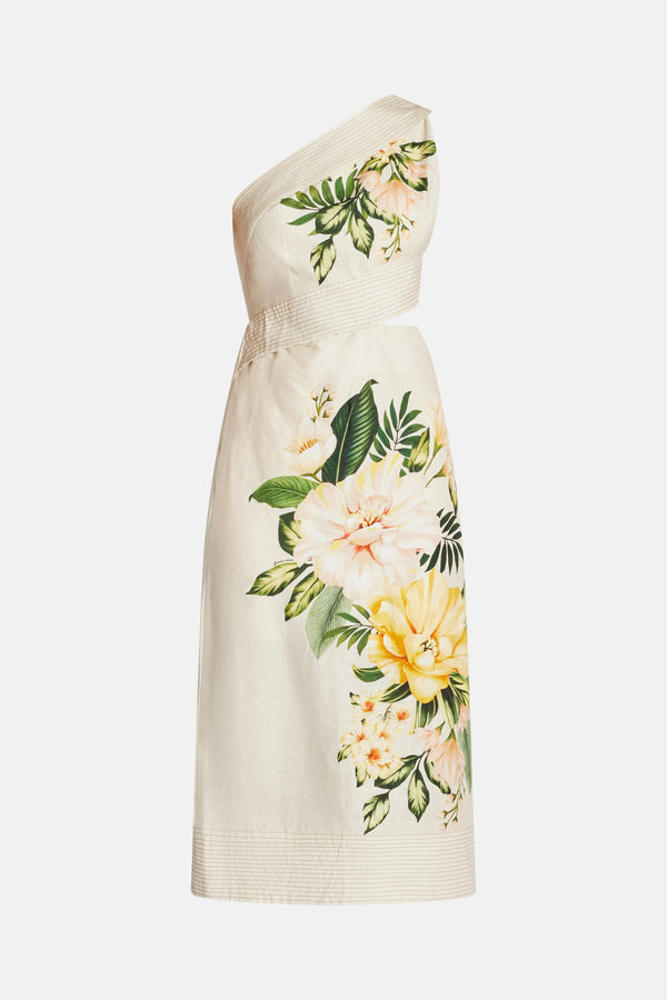 Garden Cascade One Shoulder Floral Linen Midi Dress In White