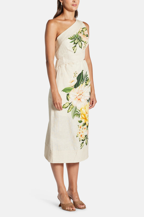 Garden Cascade One Shoulder Floral Linen Midi Dress In White