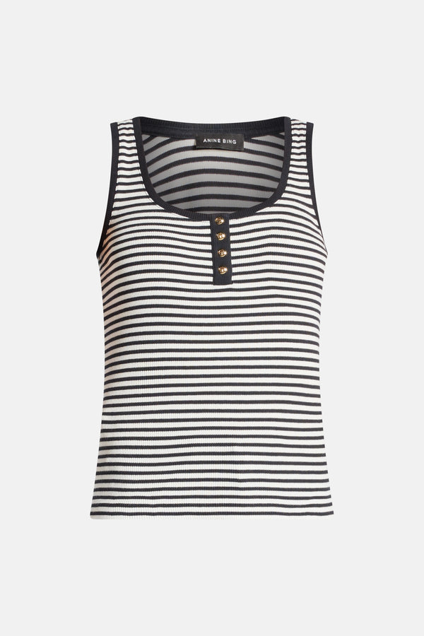 Alessia Stripes Sleeveless Cotton Spandex Tank Top in Black and White