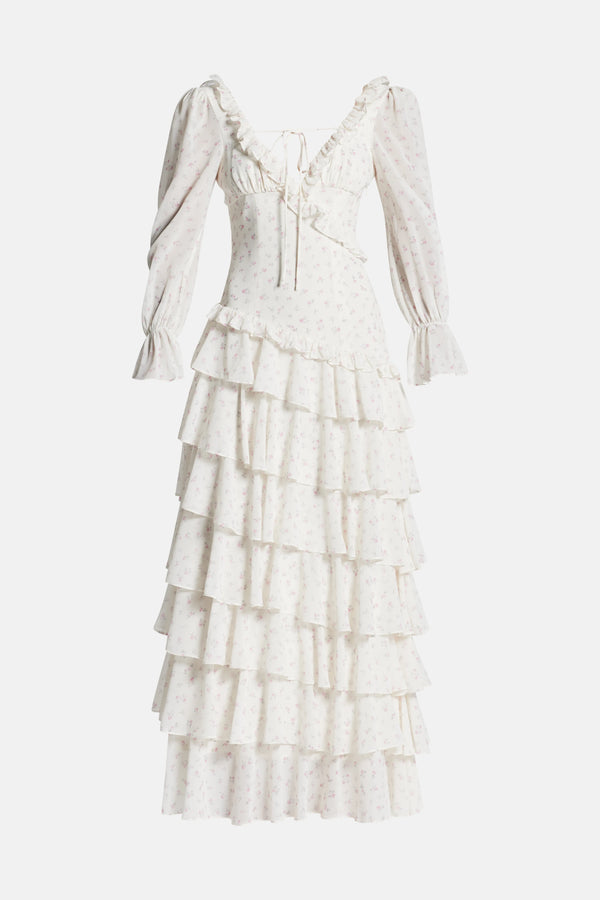 Ruffle Tiered Low Back Maxi Dress in White