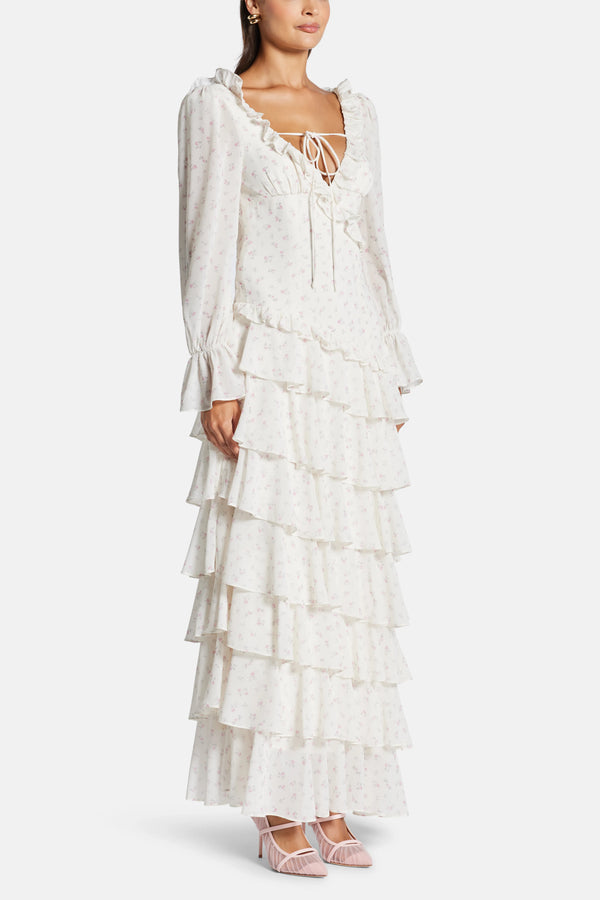 Ruffle Tiered Low Back Maxi Dress in White