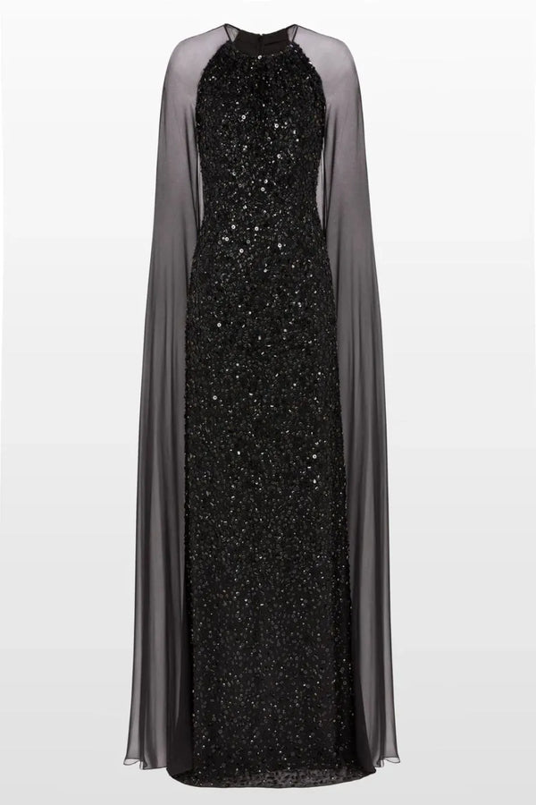 Elite Sequins Embellished Cape Evening Gown in Black