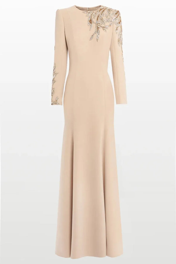Honor Embellished Neck and Sleeves Evening Gown in Beige
