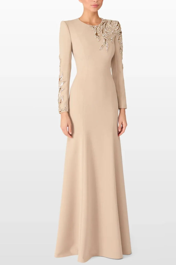Honor Embellished Neck and Sleeves Evening Gown in Beige