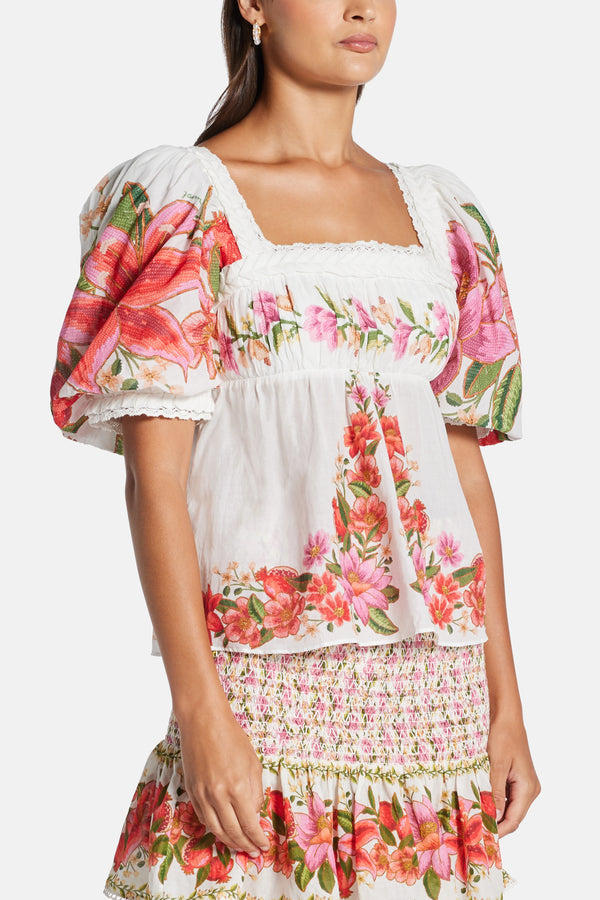 Summer Fruit Floral Cotton Blouse In White