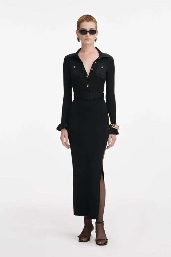 Ribbed Knit Belted Maxi Dress in Black