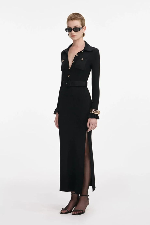 Ribbed Knit Belted Maxi Dress in Black