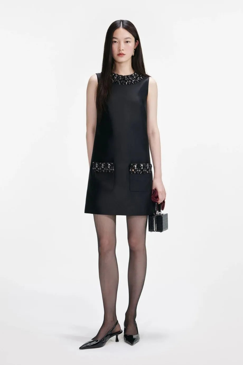Taffeta Embellished Trim Sleeveless Mini Dress in Black
