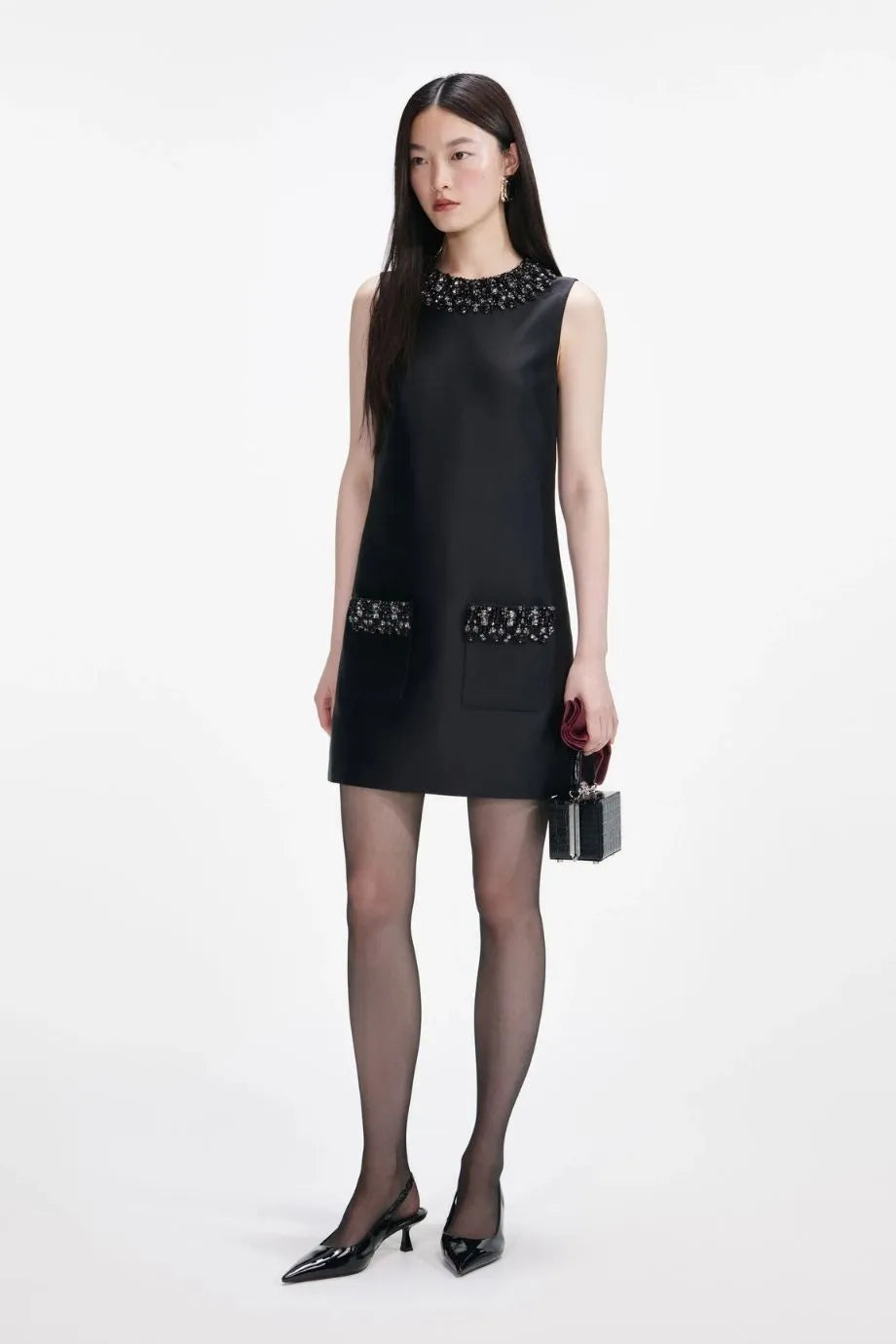 Taffeta Embellished Trim Sleeveless Mini Dress in Black