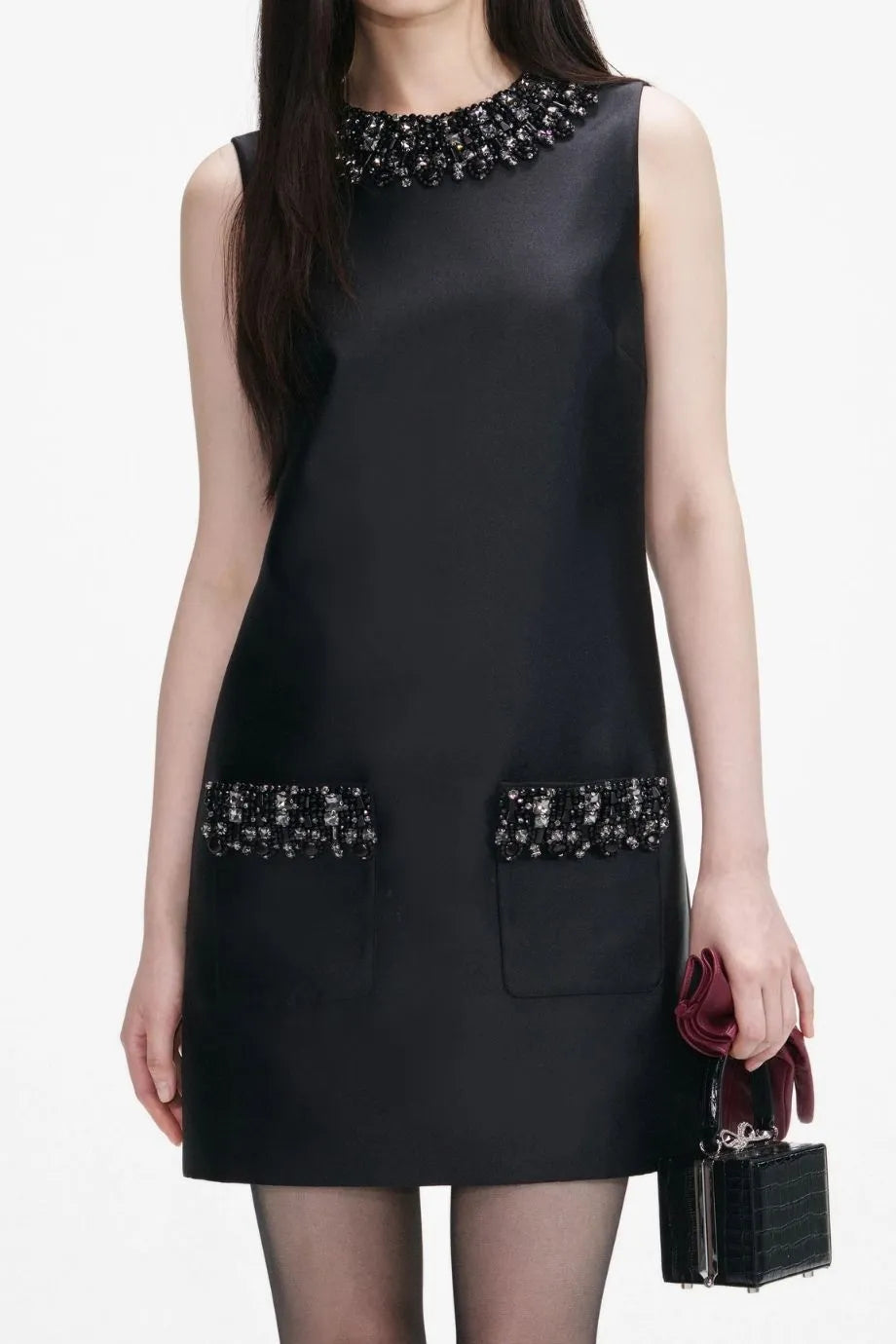 Taffeta Embellished Trim Sleeveless Mini Dress in Black