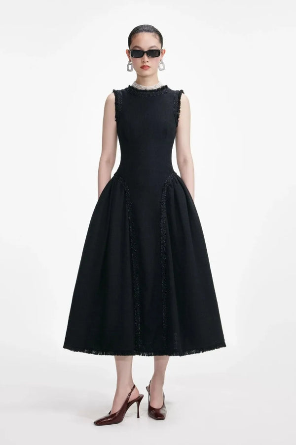Boucle Sleeveless Midi Dress in Black