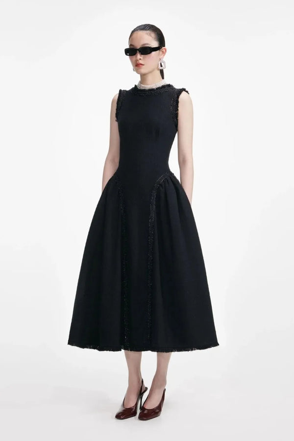 Boucle Sleeveless Midi Dress in Black