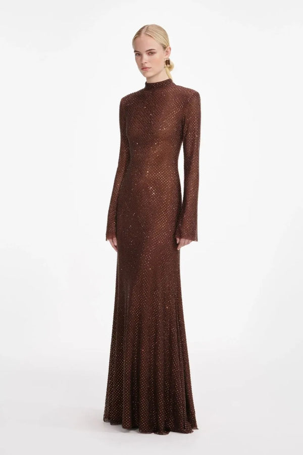 Rhinestone Mesh Evening Dress in Brown