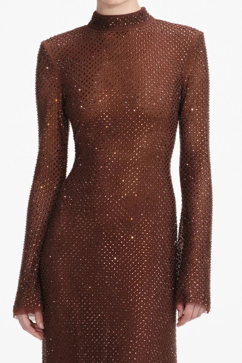 Rhinestone Mesh Evening Dress in Brown