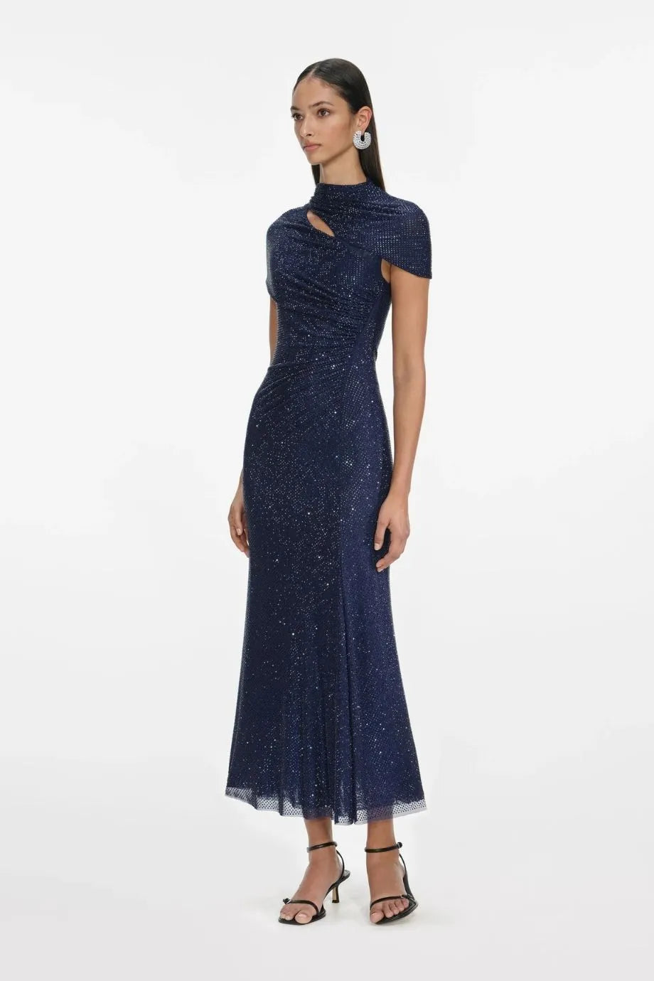 Rhinestone Mesh Cut Out Evening Dress in Blue