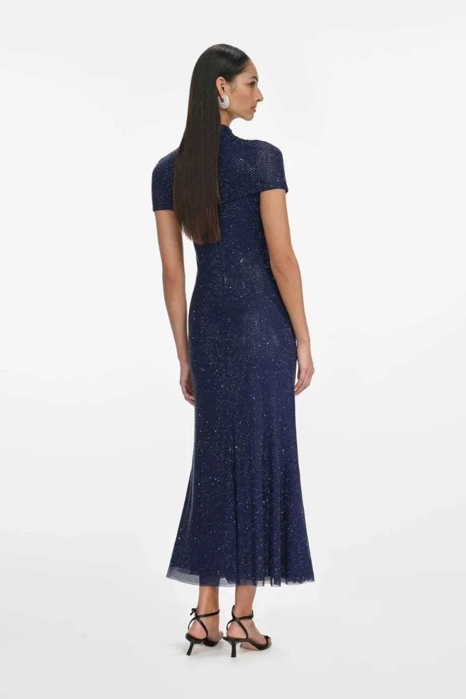 Rhinestone Mesh Cut Out Evening Dress in Blue