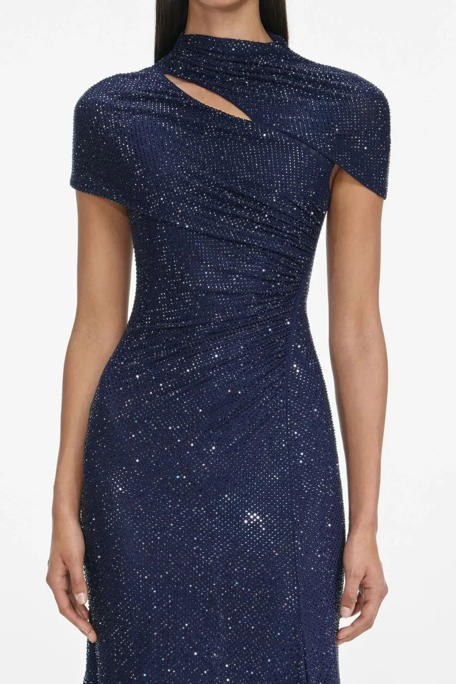 Rhinestone Mesh Cut Out Evening Dress in Blue
