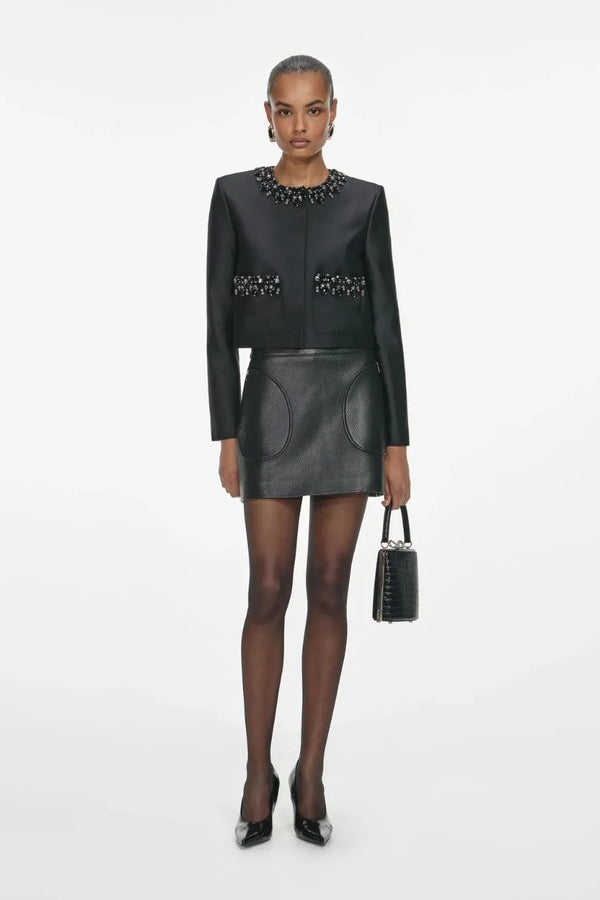 Taffeta Embellished Trim Cropped Jacket in Black