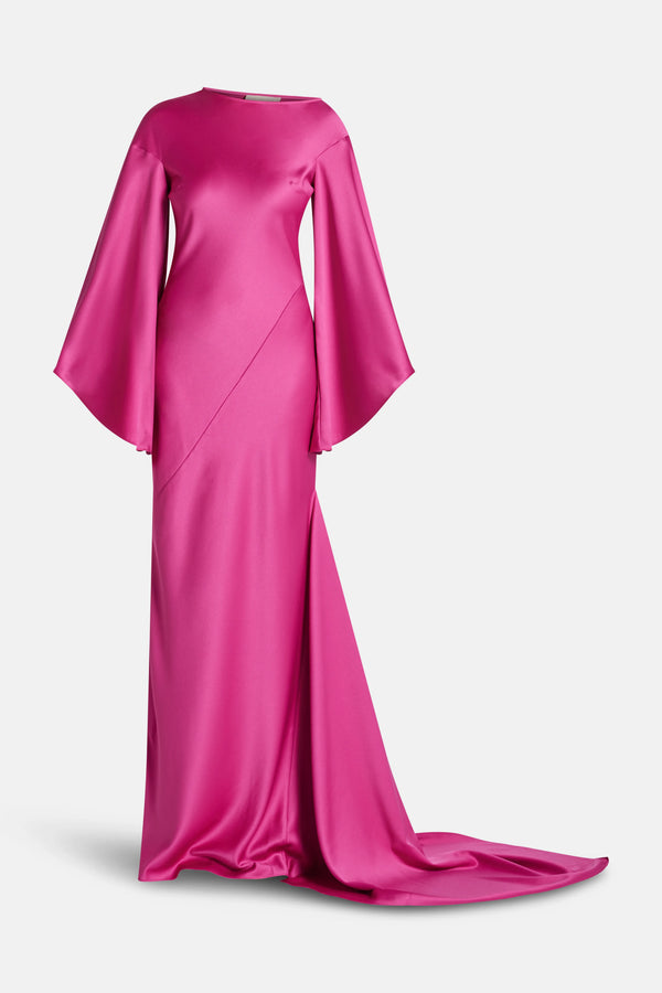 Xanthe Flared Sleeves Satin Crepe Maxi Dress With Cascading Hem in Pink