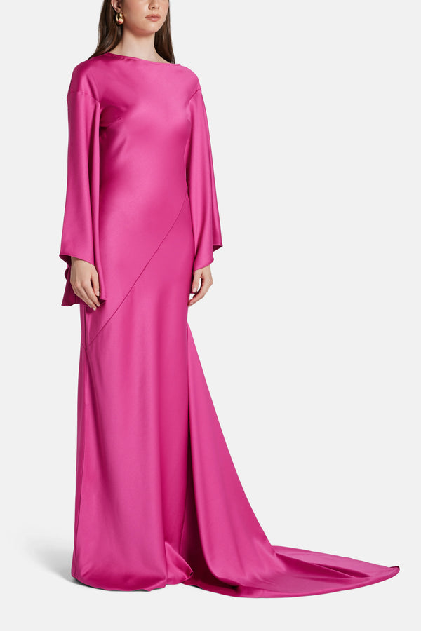 Xanthe Flared Sleeves Satin Crepe Maxi Dress With Cascading Hem in Pink