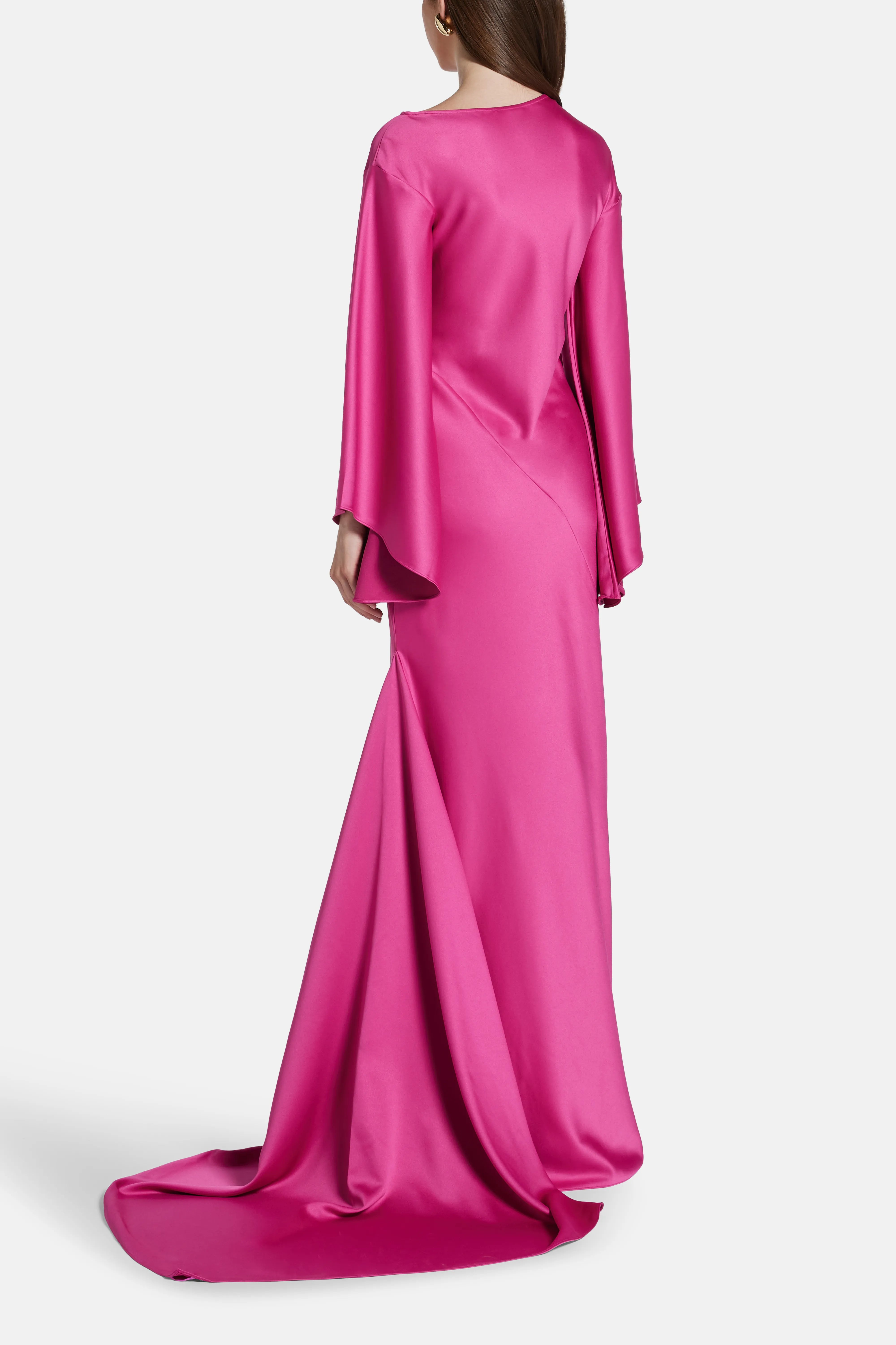 Xanthe Flared Sleeves Satin Crepe Maxi Dress With Cascading Hem in Pink