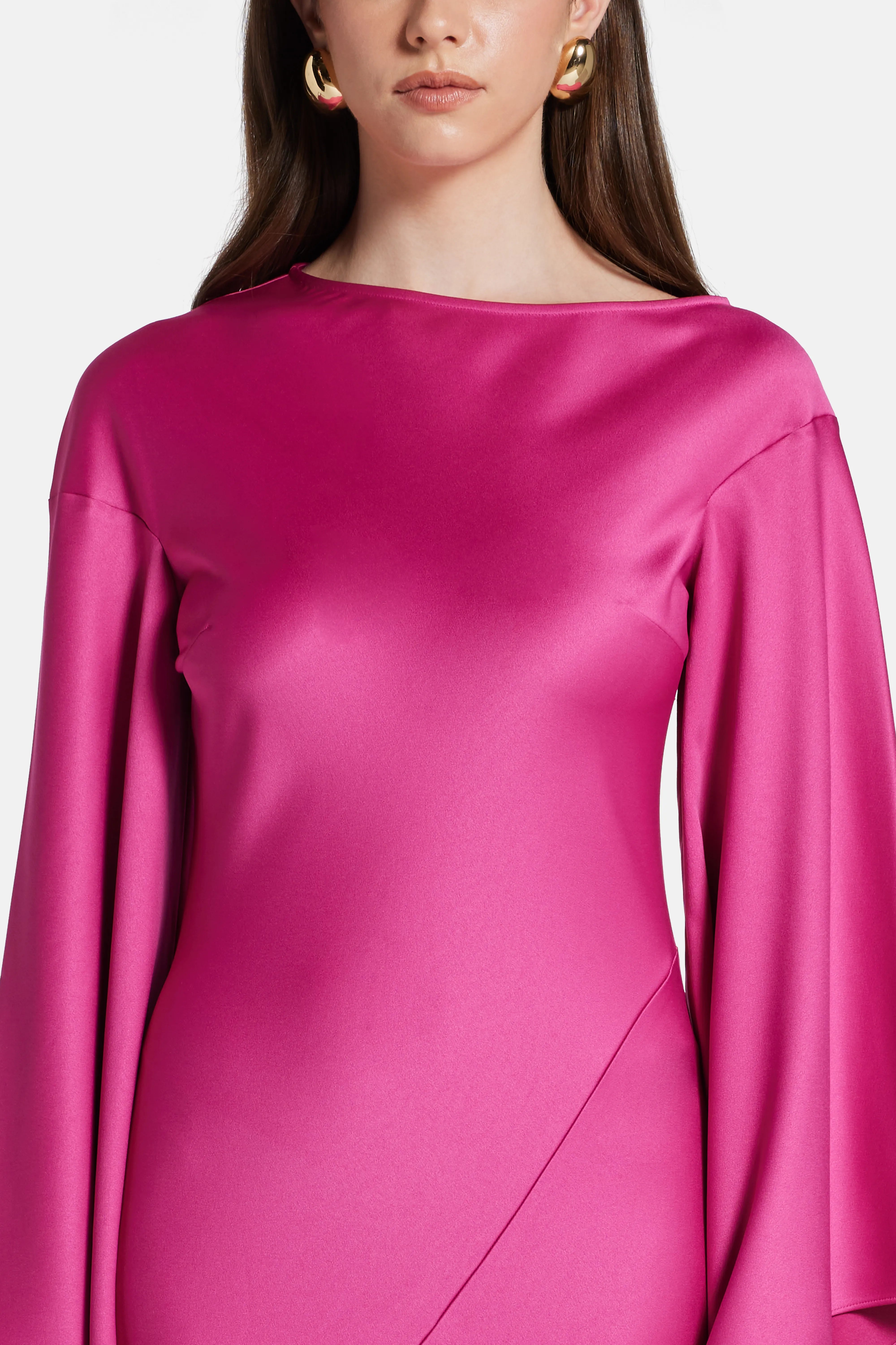 Xanthe Flared Sleeves Satin Crepe Maxi Dress With Cascading Hem in Pink