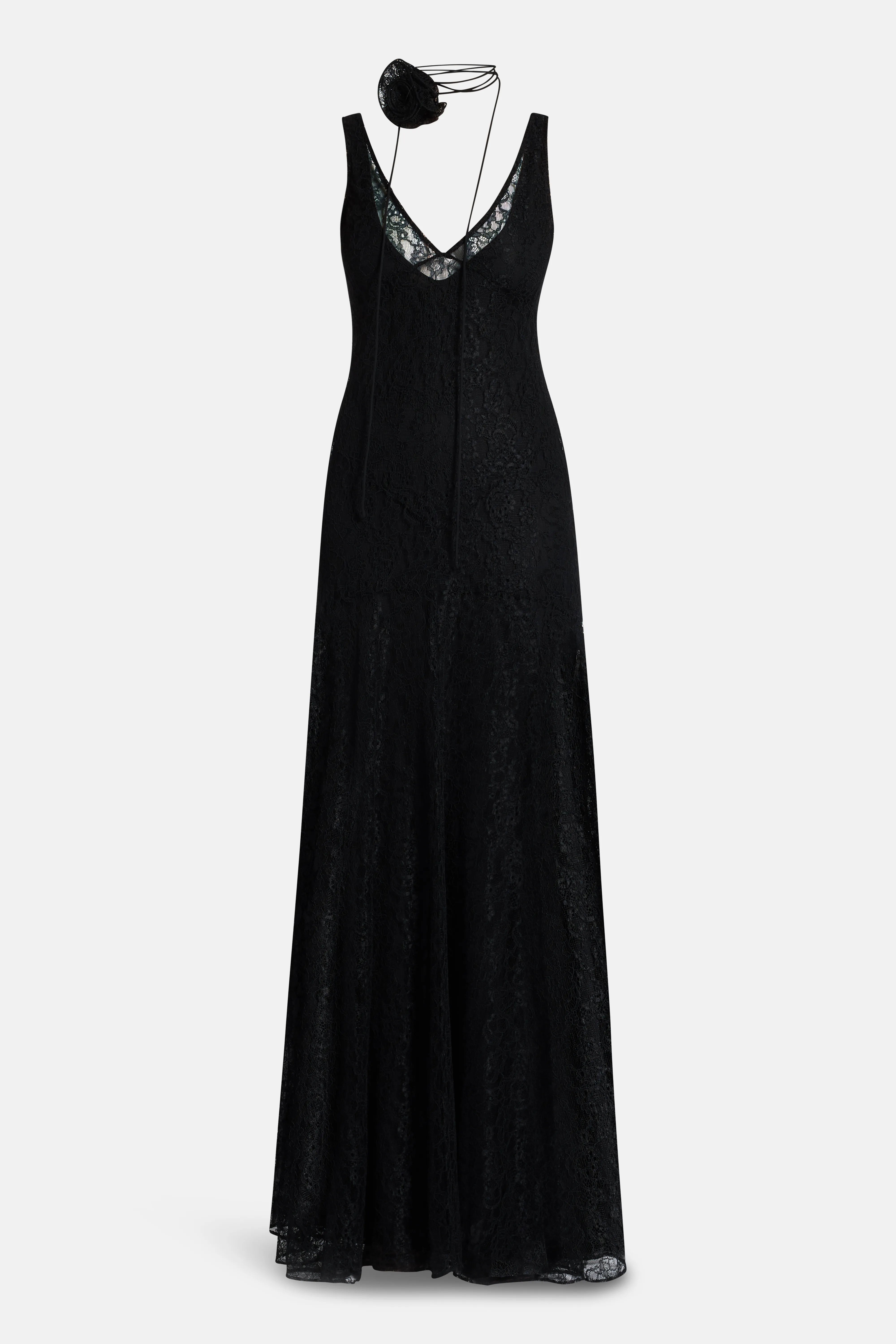 Persephone Lace Cotton Sleeveless Maxi Dress With Rose Neck Piece in Black