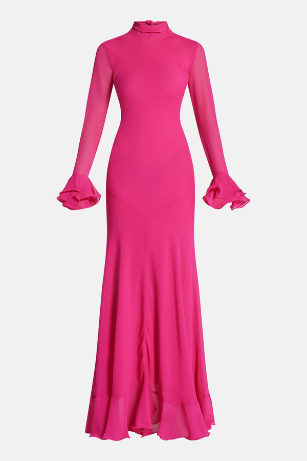 Daira Chiffon Maxi Dress With Cuffs Detail in Pink