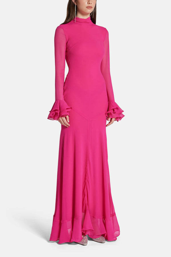 Daira Chiffon Maxi Dress With Cuffs Detail in Pink