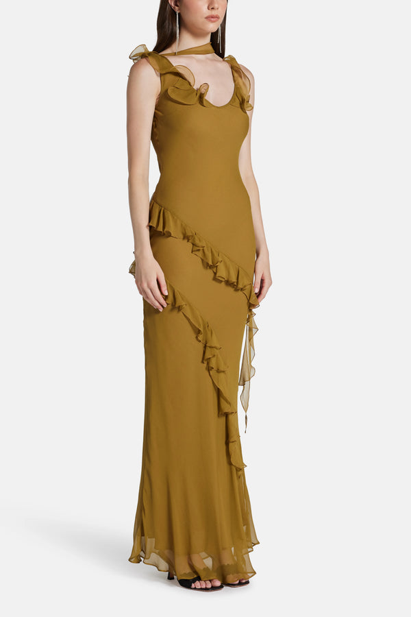 Hemera Sleeveless Ruffle Silk Chiffon Maxi Dress With Detachable Scarf in Brown