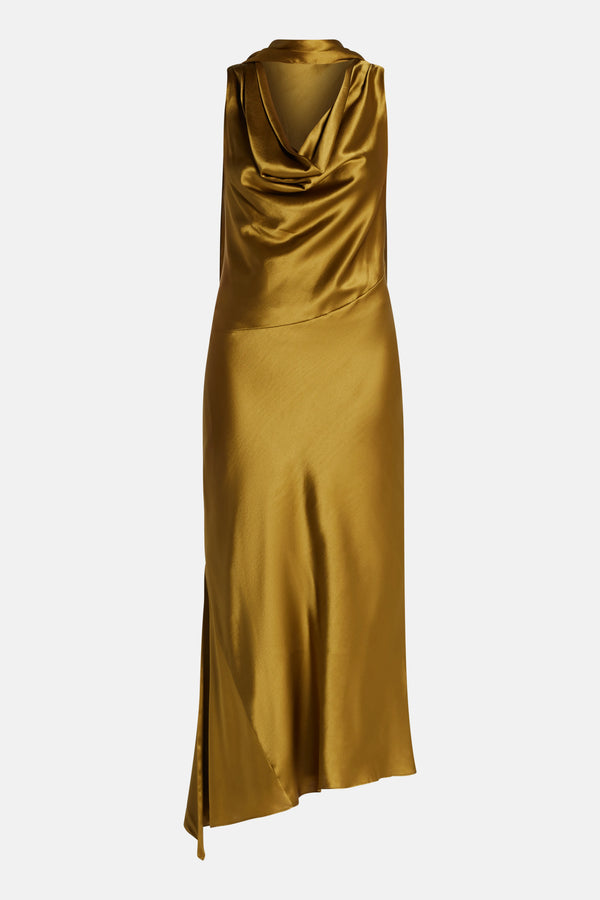 Thebe Sleeveless Silk Satin Midi Dress With Detachable Scarf in Brown