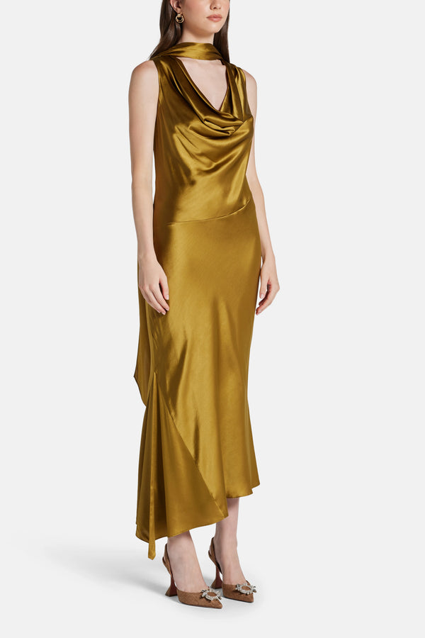 Thebe Sleeveless Silk Satin Midi Dress With Detachable Scarf in Brown