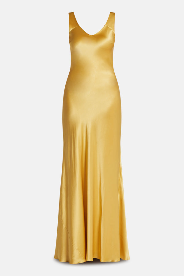 Malika Trail Back Sleeveless Silk Evening Dress in Gold