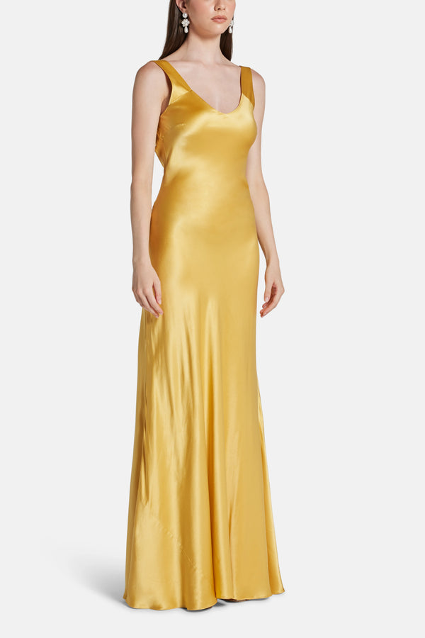 Malika Trail Back Sleeveless Silk Evening Dress in Gold