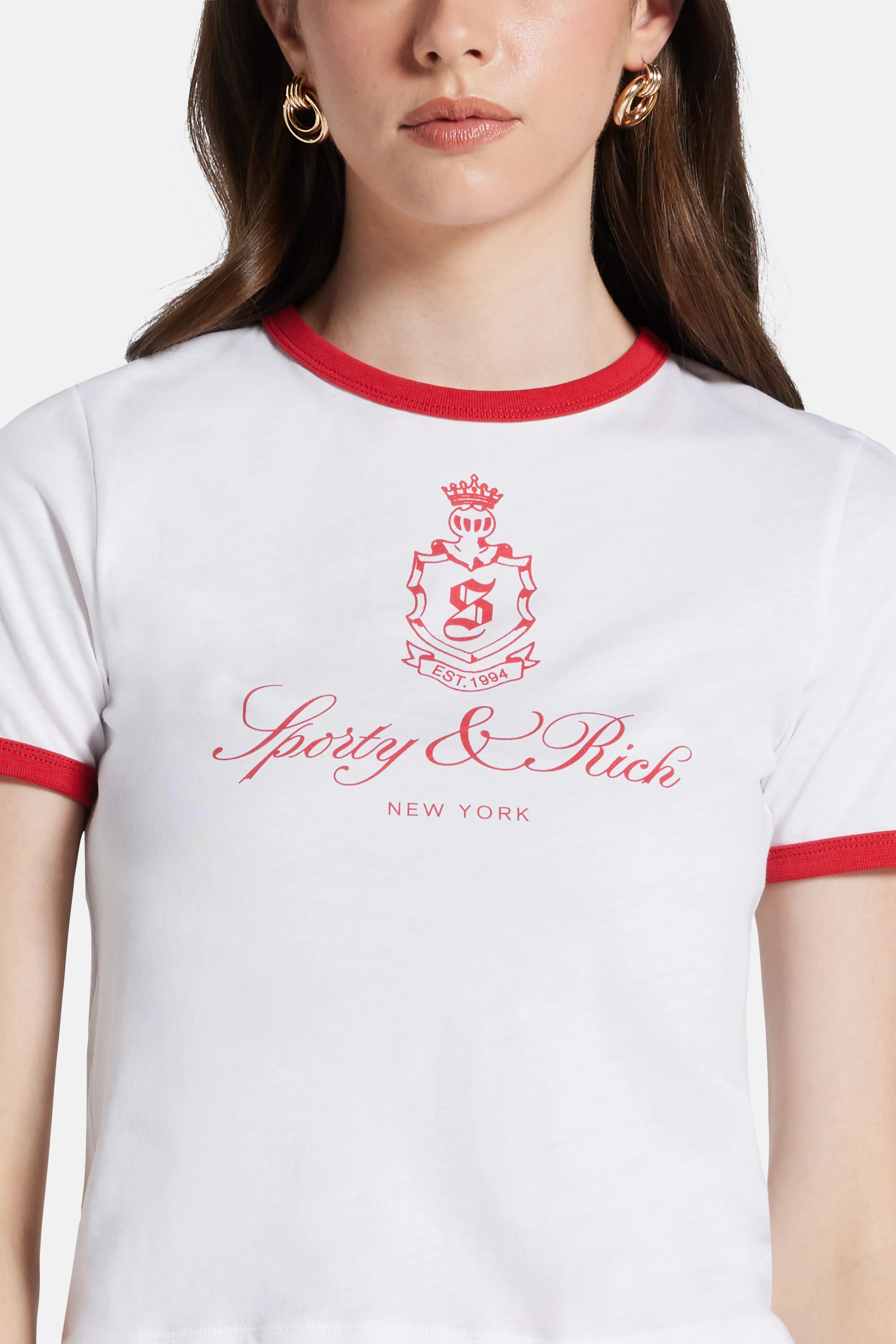 Vendome Ringer Cotton T-Shirt in White and Red