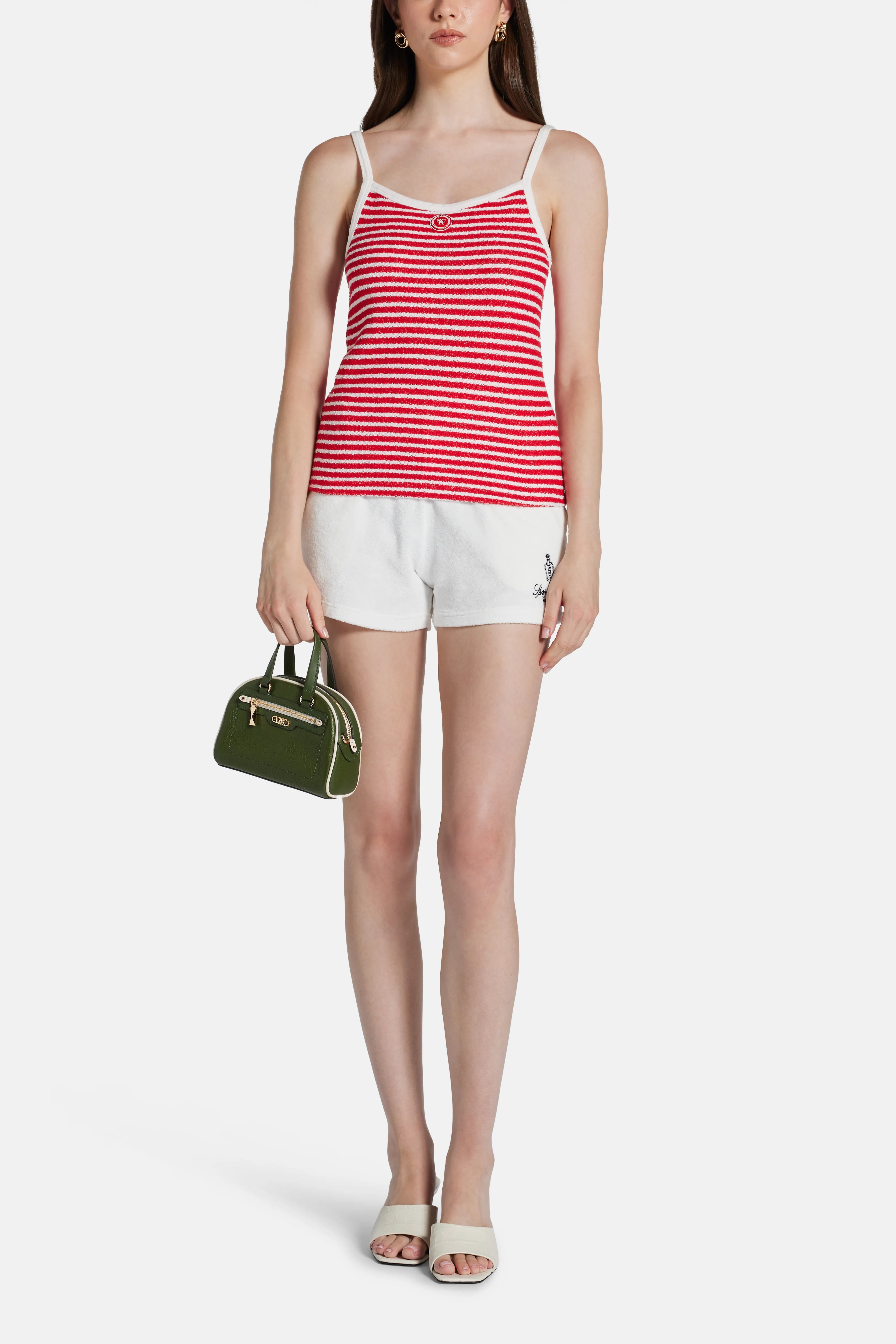 Serif Logo Striped Terry Cotton Tank Top in Red