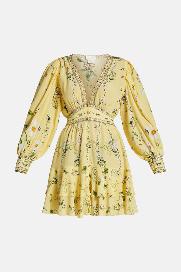 Daisy Chains Button Front Floral Frill Silk Mini Dress in Yellow
